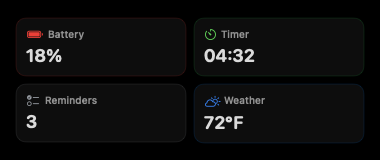 Apertura Glance dashboard with battery, timer, reminders, and weather tiles