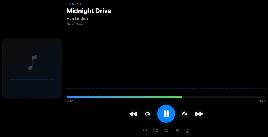 Apertura now-playing controls with album art and playback controls